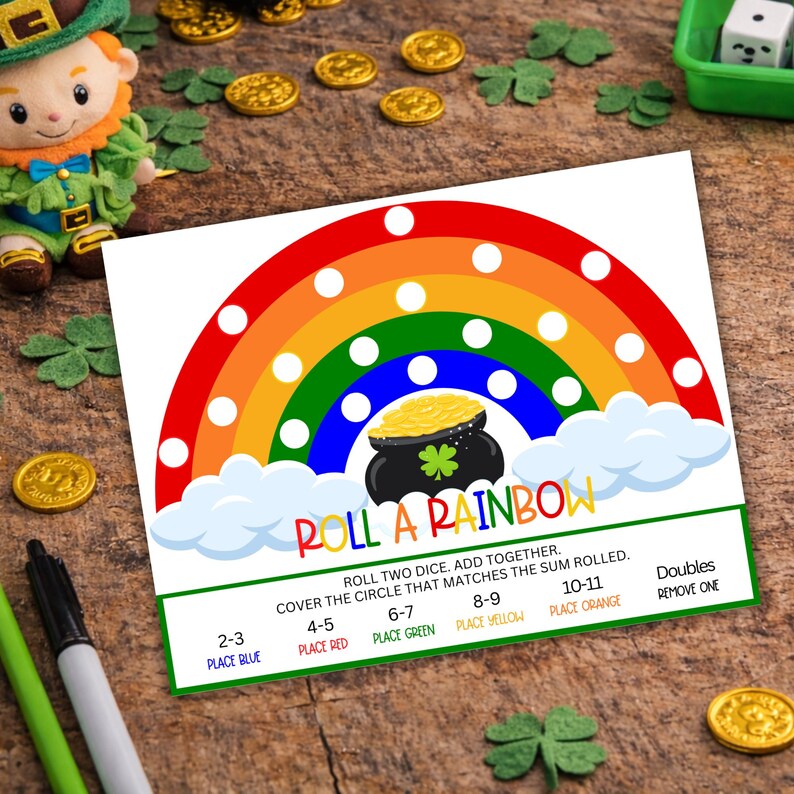 March math center printable rainbow dice game for kindergarten students