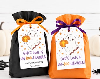 Christian Halloween Treat Tags: Editable Trunk or Treat Favors, God’s Love Is Un-Boo-Lievable