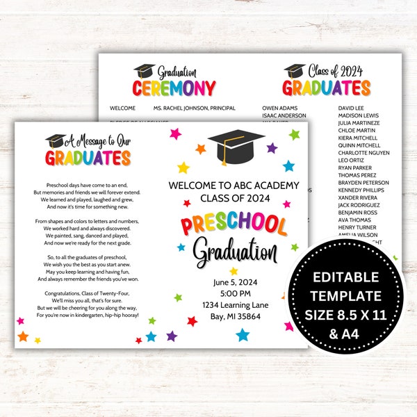 Editable Preschool Graduation Program - Canva Editable - Instant Download - Print Sizes 8.5 x 11 and A4 - Graduation Ceremony