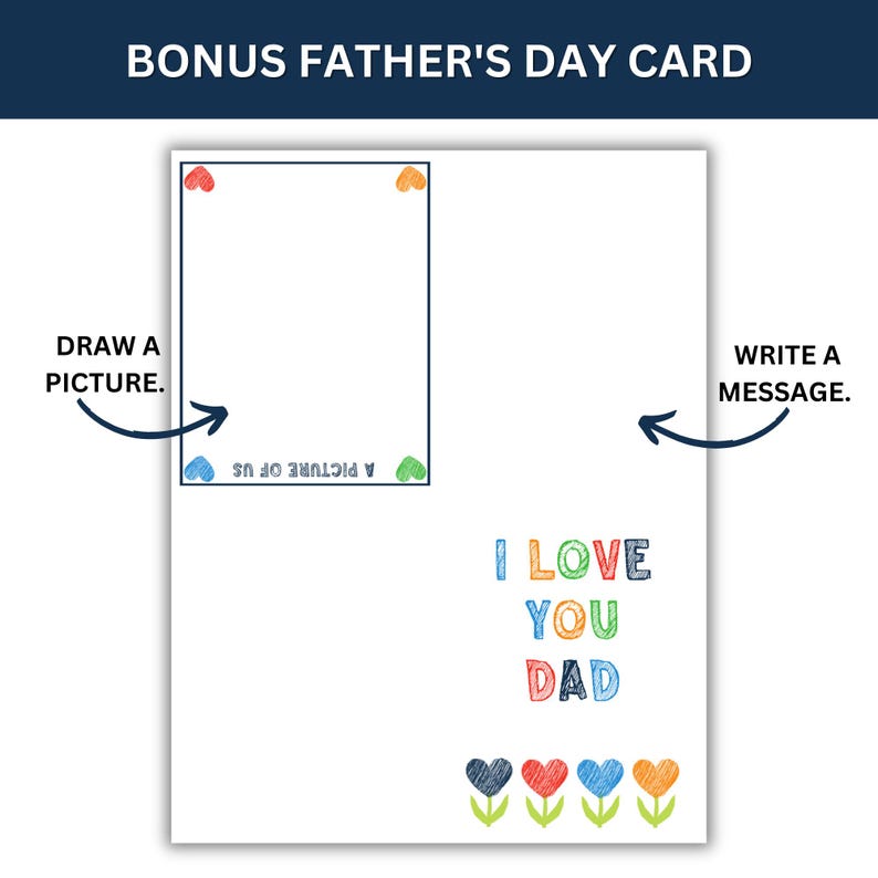 Printable Father's Day card with a blank space to draw a picture and a space to write a message. The card says "I Love You Dad" with colorful letters and hearts.