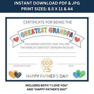 Printable Greatest Grandpa Certificate - Instant Download PDF - Father ...
