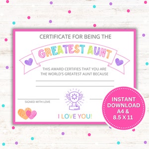 Certificado de Tía Más Grande Imprimible / Regalo para el Día de la Madre / Regalo de Cumpleaños / Descarga Instantánea en PDF y JPG