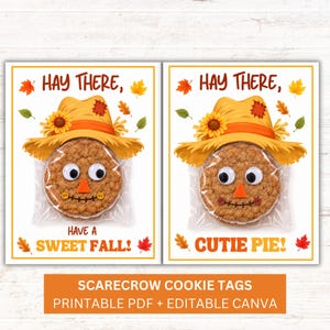 May include: Two rectangular printable tags featuring a scarecrow cookie design. Each tag shows a round oatmeal cookie in a clear plastic bag, decorated with googly eyes, an orange felt nose, and button mouth. Text reads: HAY THERE, HAVE A SWEET FALL! and HAY THERE, CUTIE PIE!