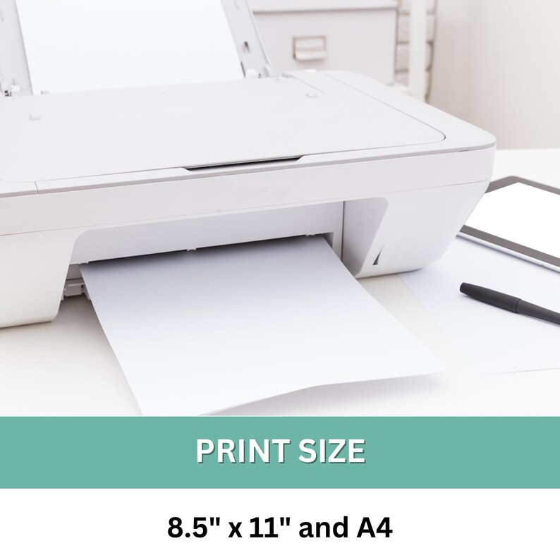May include: A white printer with a sheet of paper coming out of the paper tray. The text on the image reads "PRINT SIZE 8.5" x 11" and A4".