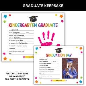 Kindergarten graduation keepsake printable worksheet with handprint and prompts for memories and student details