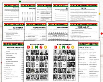 May include: Black History Month Bingo game with a black, red, and green color scheme. The game board features images of notable African Americans.  The game is designed to be played with a caller and bingo cards.