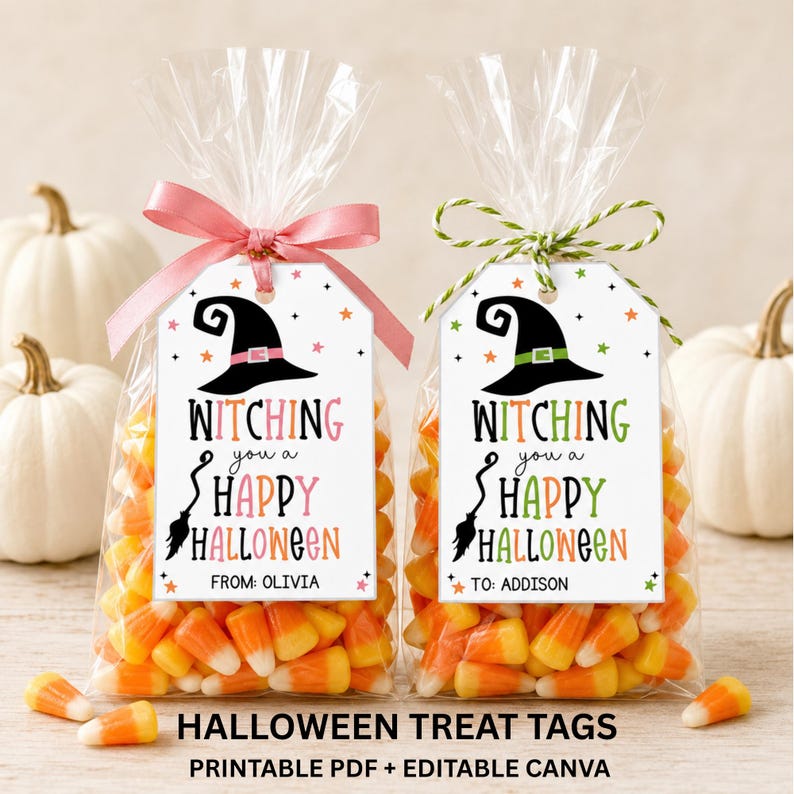 Two clear candy corn treat bags with personalized Witching You a Happy Halloween tags in pink-orange and green-orange color combinations.