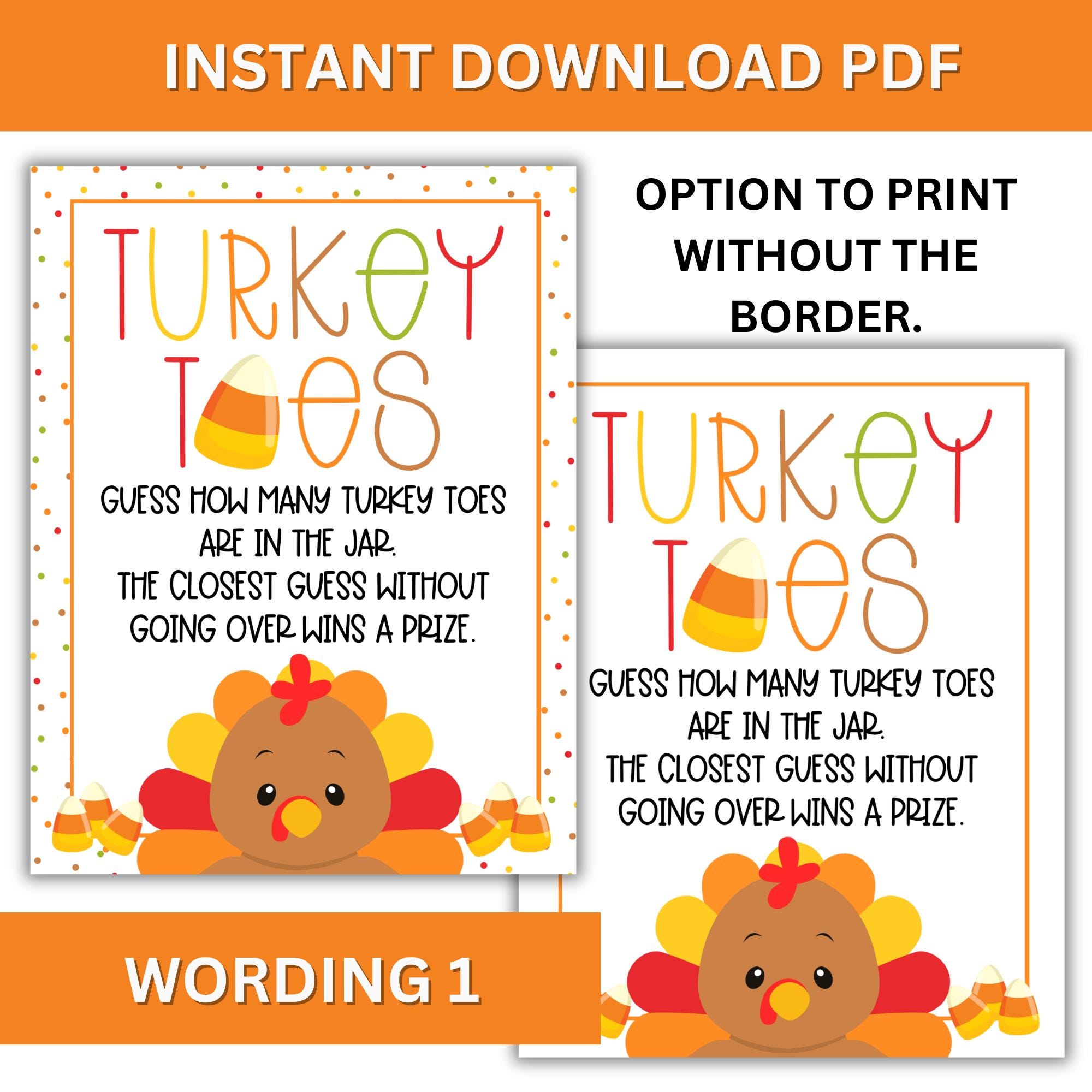 turkey toes guessing game printable, thanksgiving party game, fall