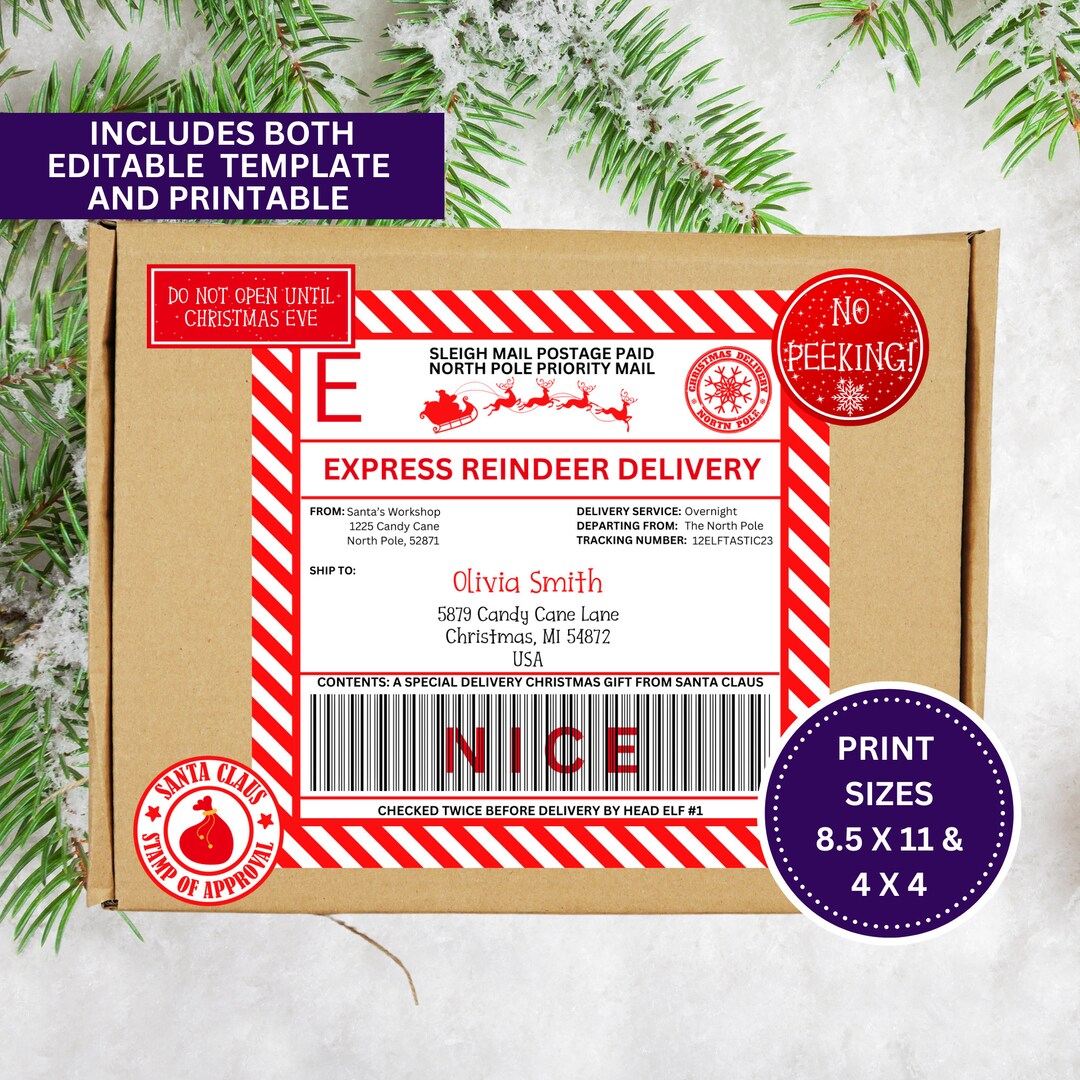 Santa Mail Postage Label Printable and Editable, Sleigh Mail, North ...