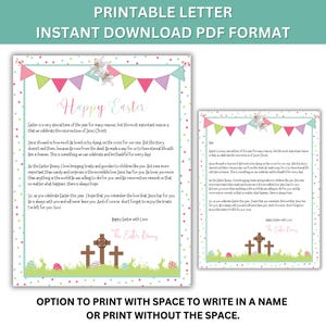 May include: Printable Easter letter with a pink, green, and blue color scheme. The letter includes a message about the meaning of Easter and the resurrection of Jesus Christ. The letter is decorated with a bunny, eggs, and crosses. The text reads "Happy Easter" and "The Easter Bunny".