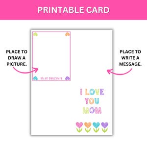 Puede incluir: Tarjeta imprimible con un espacio en blanco para dibujar una imagen y un espacio para escribir un mensaje. La tarjeta dice "Te amo mam&aacute;" con corazones y flores de colores.