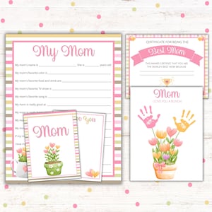 Regalo imprimible para mamá, descarga instantánea, recuerdo del Día de la Madre, flor con huella de mano, todo sobre mi mamá, certificado de "Mejor mamá"