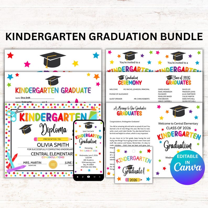 Kindergarten Graduation Bundle Editable Canva Template, Diploma ...