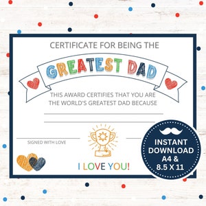 Printable Greatest Dad Certificate - Instant Download PDF - Father's Day Gift