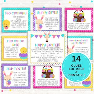 Editable Easter scavenger hunt with 14 clues, offering printable and editable options in Canva. Prints 6 clues on standard 8.5 x 11 paper. Ideal for Easter celebrations and surprises from the Easter Bunny.