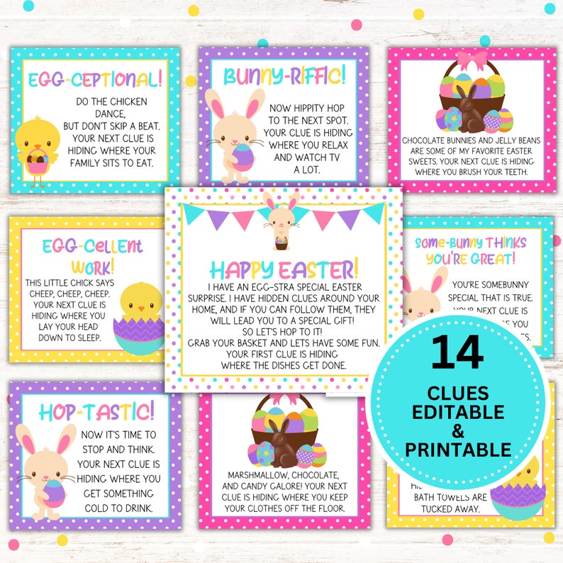 Editable Easter scavenger hunt with 14 clues, offering printable and editable options in Canva. Prints 6 clues on standard 8.5 x 11 paper. Ideal for Easter celebrations and surprises from the Easter Bunny.