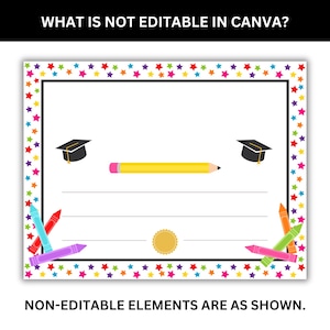 Kindergarten diploma Canva template showing editable text areas and fixed design elements for customization. All text is editable, clipart is not.
