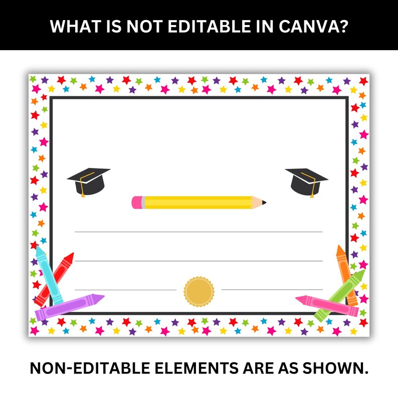 Kindergarten diploma Canva template showing editable text areas and fixed design elements for customization. All text is editable, clipart is not.