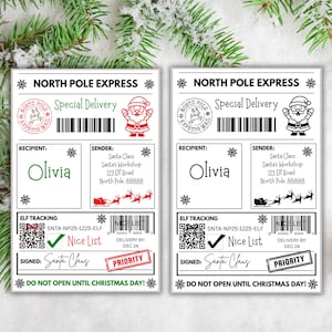 以下が含まれることがあります： お祝いのデザインが施された2つのクリスマスをテーマにしたラベル。「North Pole Express」と「Special Delivery」と書かれています。1つのラベルはサンタクロースから「Olivia」に宛てられ、「Nice List」と「Priority」のスタンプが押されています。ラベルにはサンタクロースのイラストが描かれています。