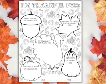 Hoja para colorear imprimible "Agradezco por" del Día de Acción de Gracias - Actividad de gratitud - Descarga instantánea