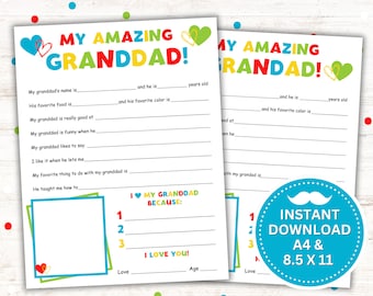 May include: Printable fill-in-the-blank questionnaire for kids to write about their granddad. The questionnaire has prompts like "My granddad's name is", "His favorite food is", "My granddad is really good at", "My granddad is funny when he", "My granddad likes to say", "I like it when he lets me", "My favorite thing to do with my granddad is", "He taught me how to", "I love my granddad because:", and "I love you!" The questionnaire is decorated with hearts, a mustache, and colorful borders.