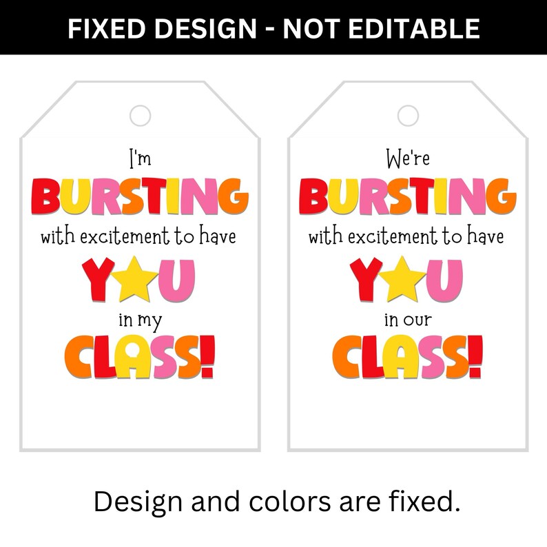 Fixed design printable classroom welcome gift tags showing non-editable artwork.