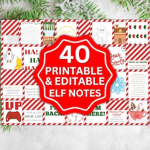 May include: A festive sheet with 40 printable and editable elf notes. The notes are arranged in a grid pattern with a red and white candy cane stripe background. Each note features a unique design or message, perfect for holiday fun.