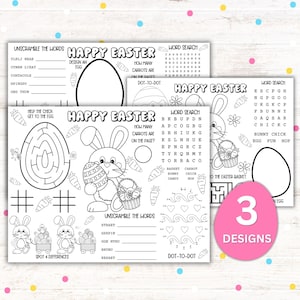 Puede incluir: Tres hojas de actividades de Pascua imprimibles en blanco y negro con un conejo, un huevo y un pollito. Cada hoja incluye una búsqueda de palabras, un punto a punto y una palabra para descifrar. El texto en las hojas dice "Feliz Pascua".