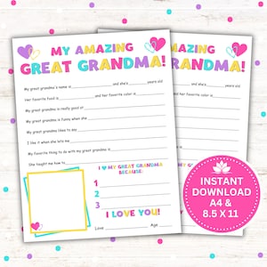 Bisavó, tudo sobre minha bisavó para impressão, presente de dia das mães, presente de aniversário, download instantâneo PDF, 8,5 x11 e A4