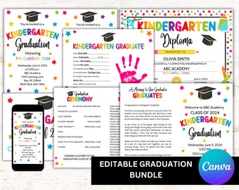 Kindergarten Graduation Bundle - Editable Canva Files - Program, Invitation, Diploma, Keepsake, Announcement, Class Sign, PDF