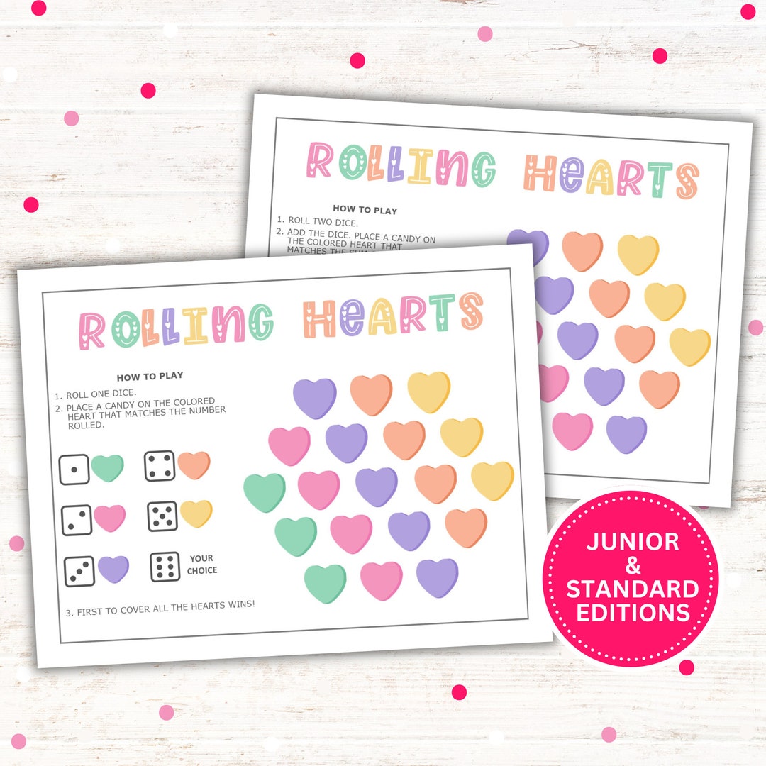 Valentine's Day Printable Games, Classroom Valentine Party, Rolling Hearts Dice Game, Instant Download Kids Valentine's Day Games