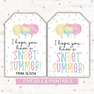 May include: Two printable gift tags with a cotton candy design. The tags are white with pink, blue, and yellow polka dots. The text on the tags reads "I hope you have a sweet summer!" and "From: Olivia".