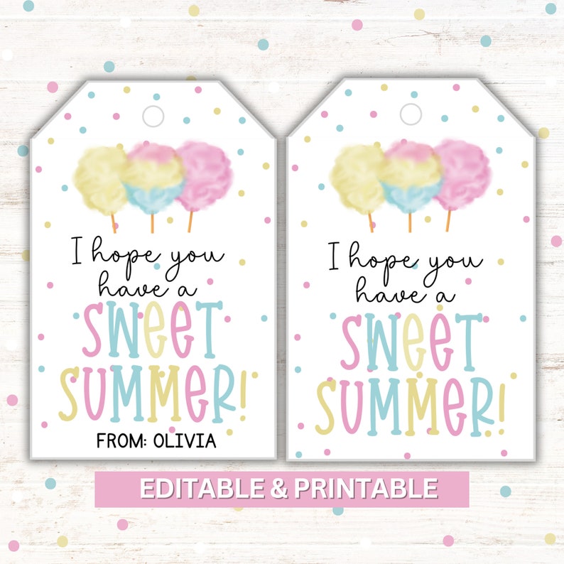 I hope you have a sweet summer gift tag. Perfect for last day of school gifts and student treats. Ideal for adding to cotton candy bags. Includes both printable and editable print options. Editable in Canva. Tag size: 3.5 x 2.25 inches.