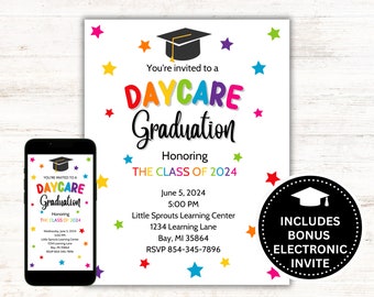 Editable Daycare Graduation Invitation - Canva Template - Electronic Announcement Template