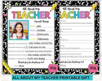 All About My Teacher Printable | Appreciation Worksheet | End of Year Activity | Student Keepsake PDF