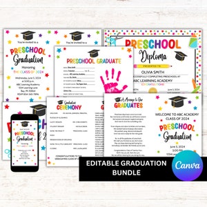 Editable Preschool Graduation Bundle. Everything you need for a preschool graduation: program, invitation, diploma, announcement, graduate keepsake and sign. Editable in Canva.