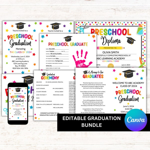 Preschool Graduation, Graduation Invitation, Graduation Program, Editable Preschool Graduation Templates, Canva Template, PDF