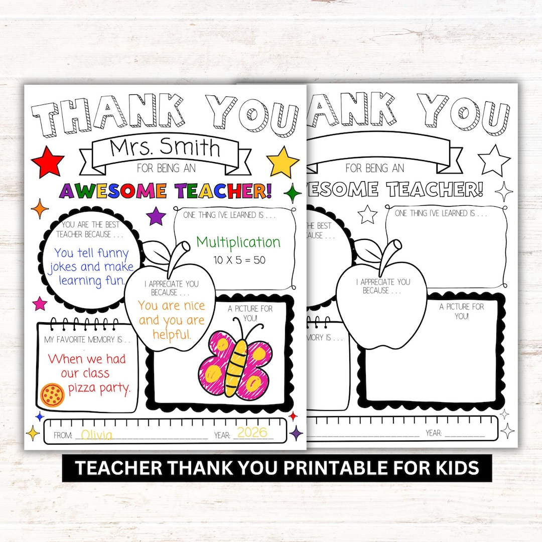 Teacher Appreciation Fill-in Worksheet, Thank You From Student, End of ...