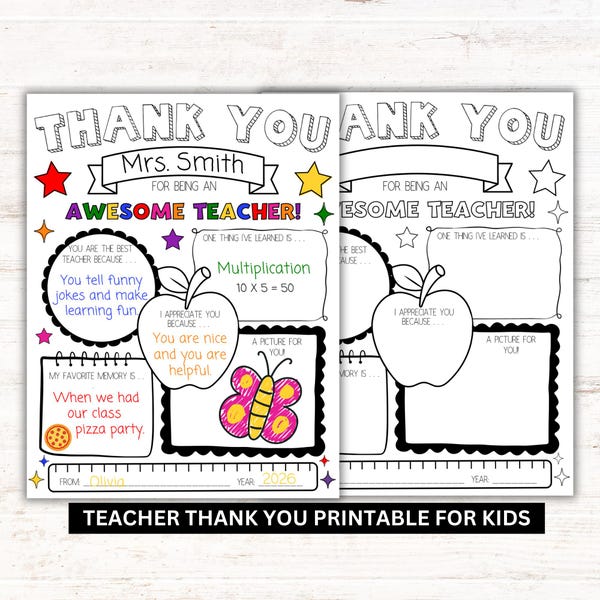 Teacher Appreciation Fill-In Worksheet, Thank You from Student, End of Year Gift (PDF Download)