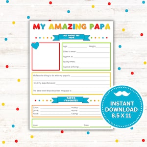 Father's Day Gift All About My Papa Printable - Instant Download, Gift for Grandpa, Grandparents Day