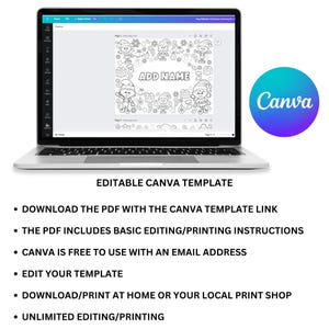 May include: A laptop screen displaying a black and white printable coloring page featuring elves and Christmas decorations. The page is titled "Add Name". The Canva logo is visible in the lower right corner of the image.