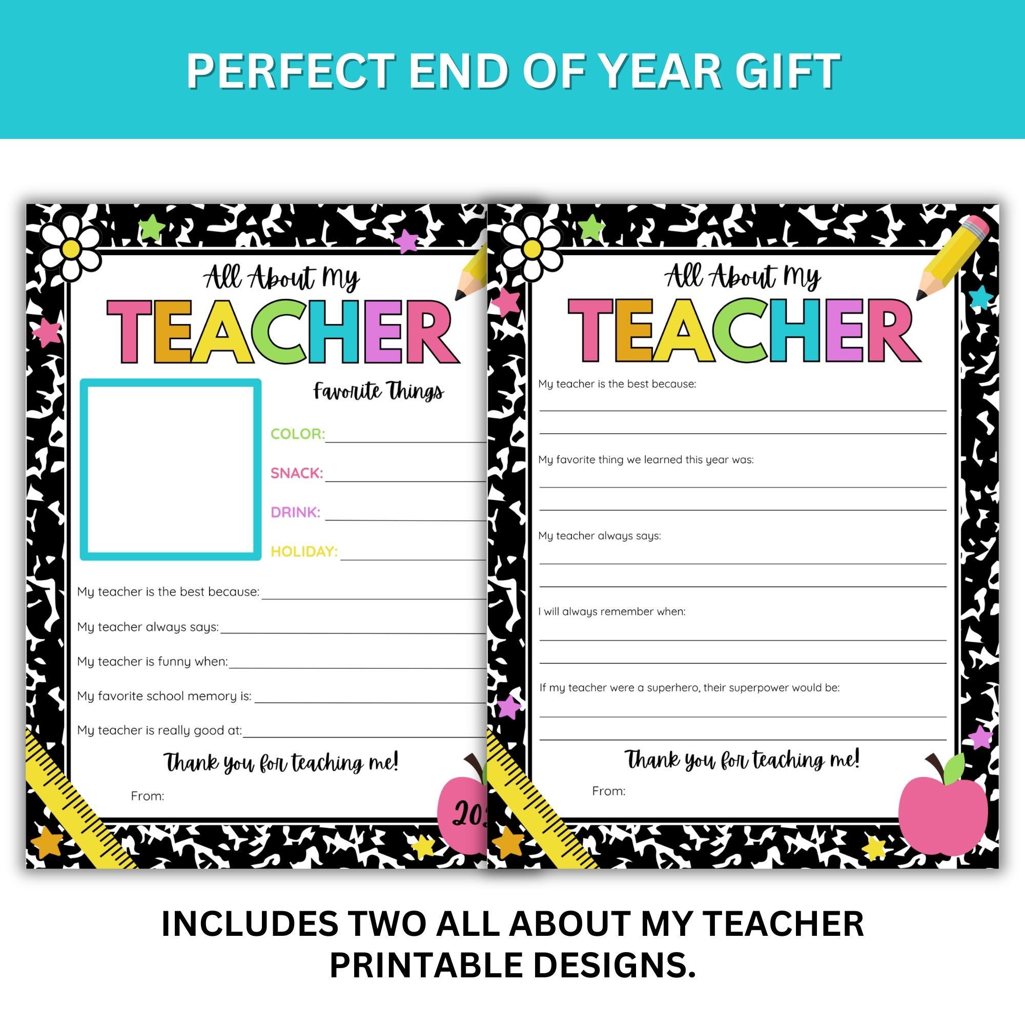 All About My Teacher Printable | Appreciation Worksheet | End of Year ...