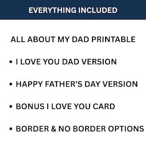 All About My Dad includes two printable versions "Happy Father's Day" and "I Love You" as well as a Father's Day card.