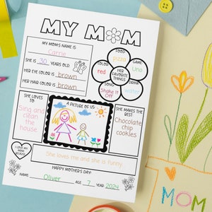 May include: A printable Mother's Day card for kids to fill out about their mom. The card has a drawing space, a section for the child to write about their mom's favorite things, and a space for the child to write their name, age, and the year. The card is decorated with flowers and hearts.