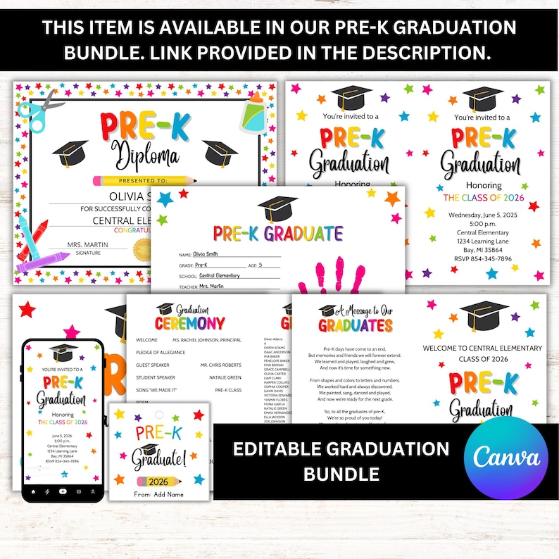 This pre-k graduation diploma is also available in our pre-k graduation bundle. Link in description.