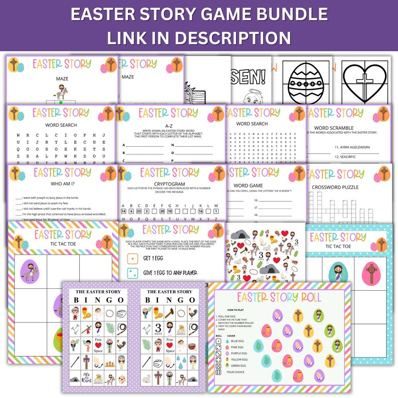 May include: A set of printable Easter story games for children. The games include a maze, word search, word scramble, crossword puzzle, noughts and crosses, bingo, and a roll and cover game. The games are all themed around the Easter story and feature colourful illustrations of Easter eggs, bunnies, and other Easter symbols.