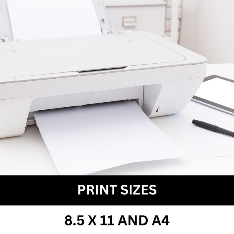 May include: A white printer with a sheet of paper coming out of the paper tray. The text "PRINT SIZES 8.5 X 11 AND A4" is displayed below the printer.