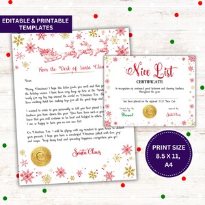 Carta de Papá Noel y certificado de buena conducta: plantillas imprimibles y editables, tamaños (8,5 x 11 y A4)