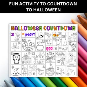 Advent-style Halloween coloring calendar for kids and families, includes 2 versions: 1–31 and 31–1.