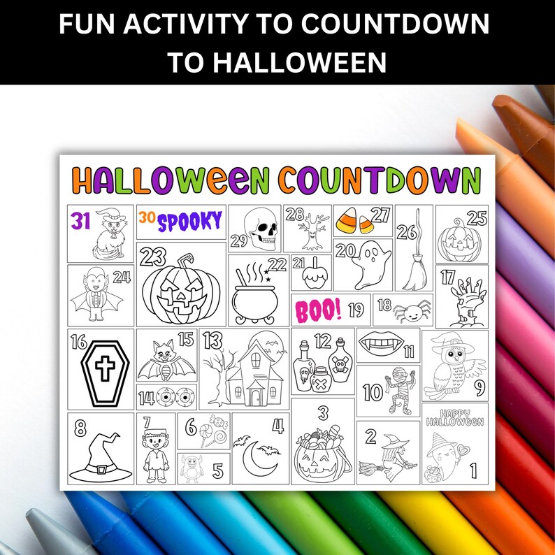 Advent-style Halloween coloring calendar for kids and families, includes 2 versions: 1–31 and 31–1.